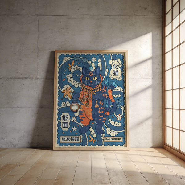 Bakeneko Wall Art close-up highlighting cat's intense gaze and rope collar