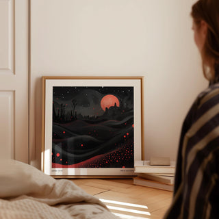 Square-format wall moon art with intricate Kusama dot work