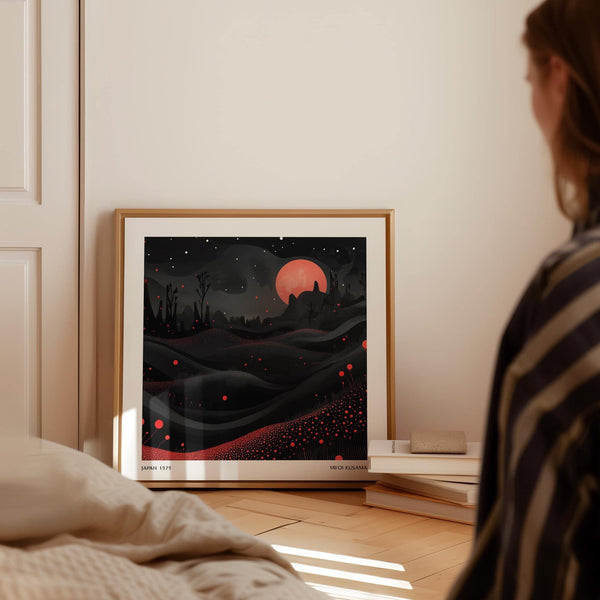 Square-format wall moon art with intricate Kusama dot work