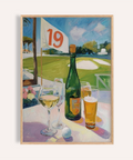 Foreground still-life wall art of wine bottle, glasses, and golf course flag 19 in painterly style
