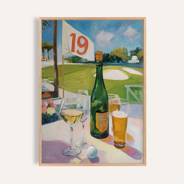 Foreground still-life wall art of wine bottle, glasses, and golf course flag 19 in painterly style
