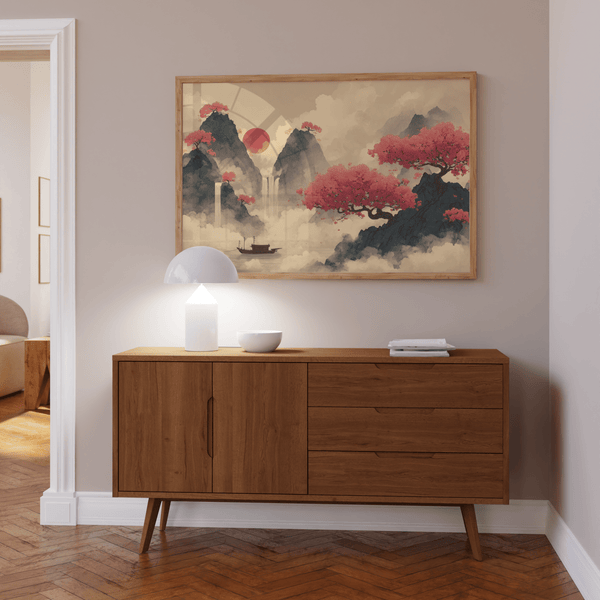 Chinese Ink Wall Art with tranquil Pink, Blue, Beige colors for studio poster