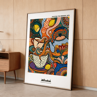 Decorative tea set illustration print with mosaic outlines and dotted textures