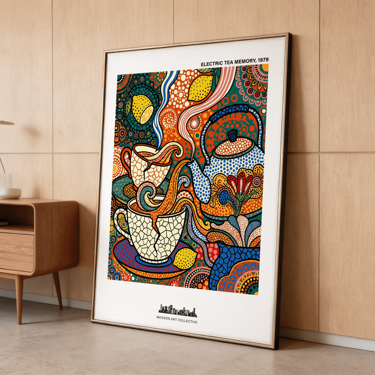 Decorative tea set illustration print with mosaic outlines and dotted textures
