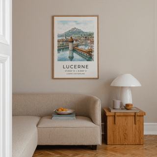Swiss Chapel Bridge illustration with mountains rising behind reflective river