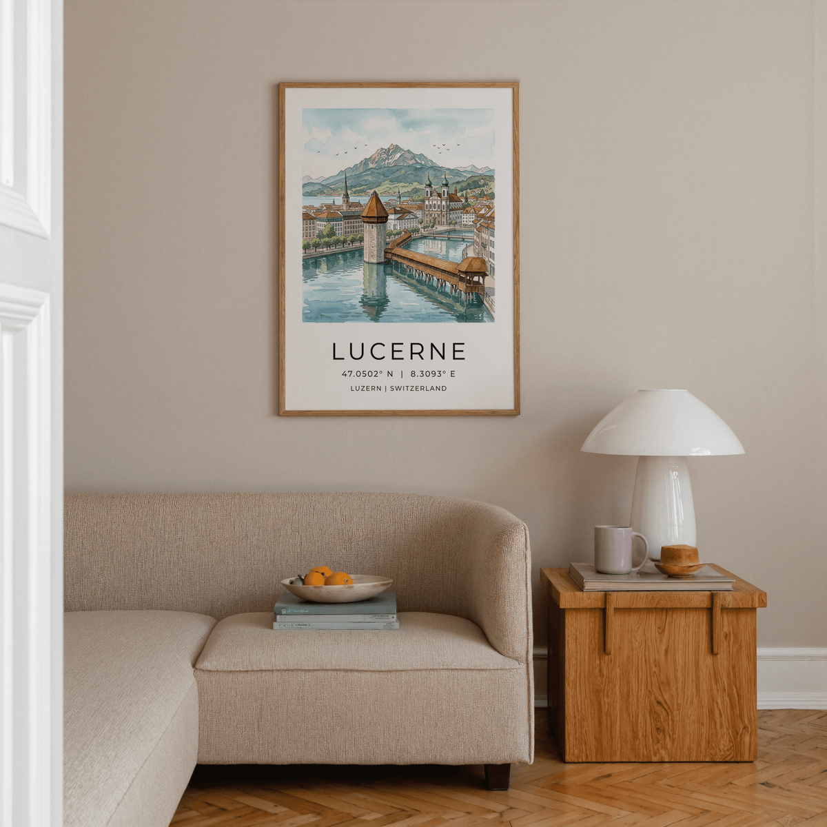 Swiss Chapel Bridge illustration with mountains rising behind reflective river