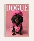 Fashion Dachshund Wall Art with pink background for bedroom decor, print features pink, black, brown, and white