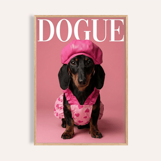 Fashion Dachshund Wall Art with pink background for bedroom decor, print features pink, black, brown, and white