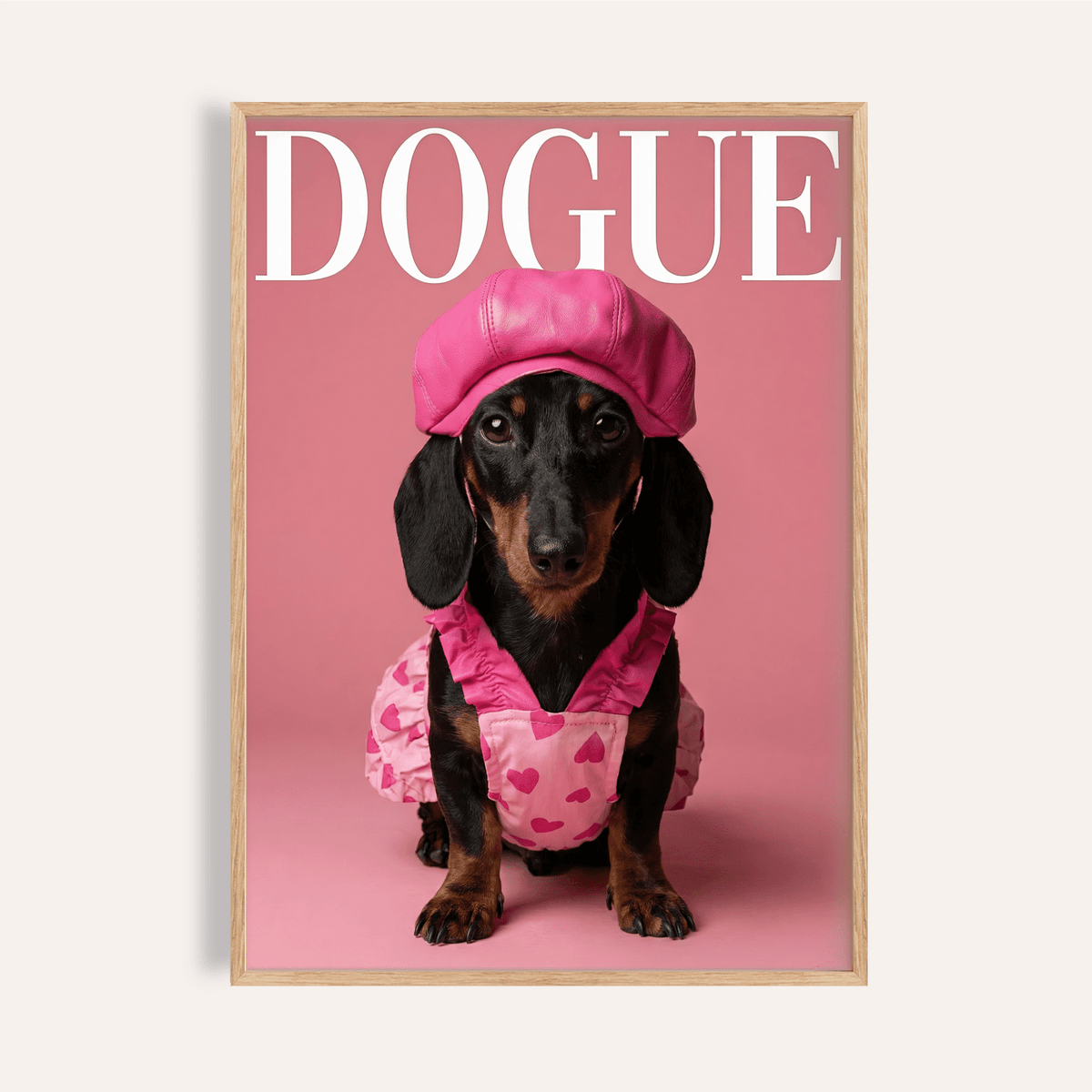 Fashion Dachshund Wall Art with pink background for bedroom decor, print features pink, black, brown, and white
