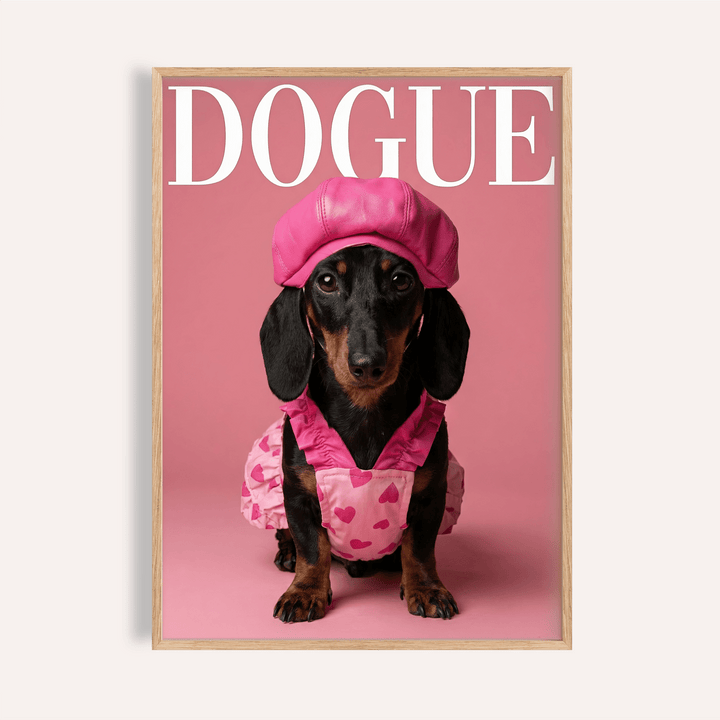 Fashion Dachshund Wall Art with pink background for bedroom decor, print features pink, black, brown, and white