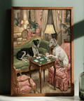 Vintage Dog Wall Art print of dogs at poker table, with Black, White, and Pink colors for lounge
