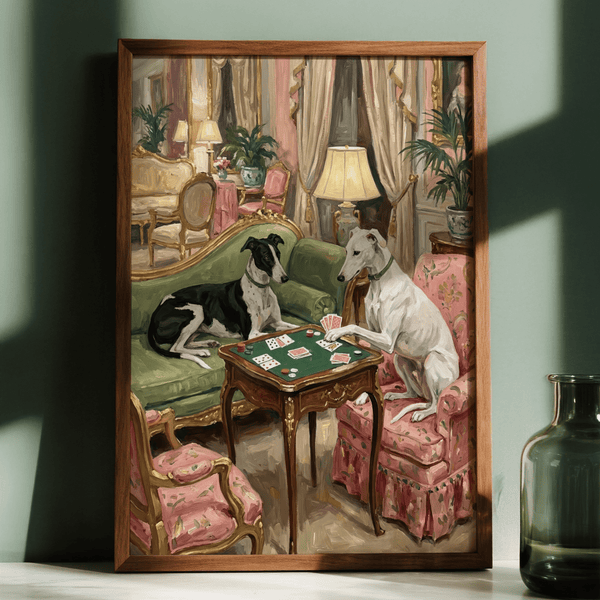 Vintage Dog Wall Art print of dogs at poker table, with Black, White, and Pink colors for lounge