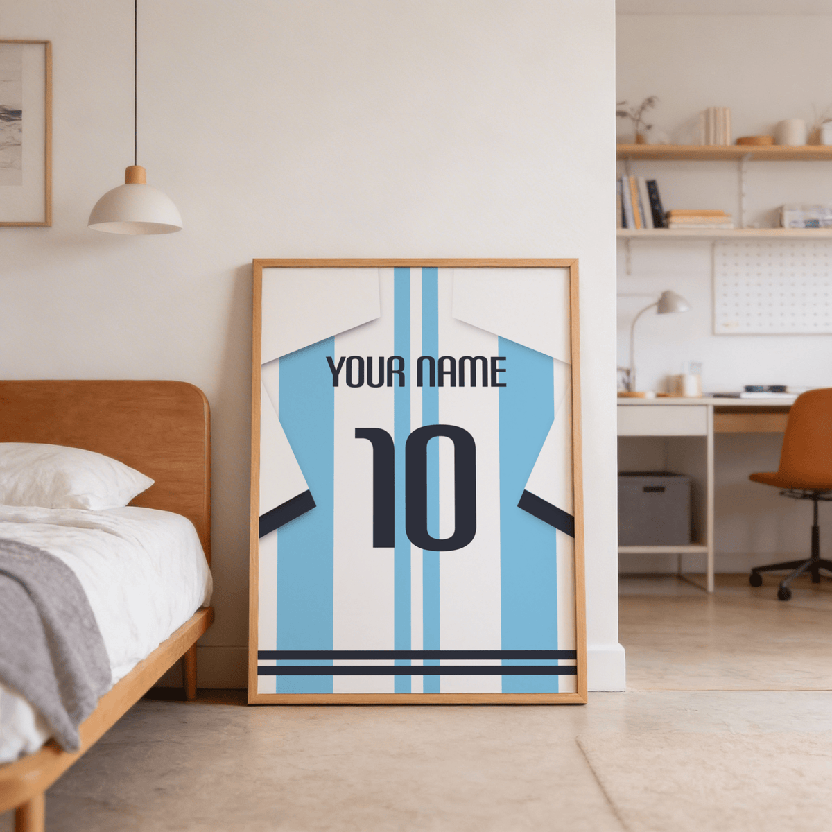 Close-up Custom Argentina Shirt Poster highlighting crisp typography and jersey outline