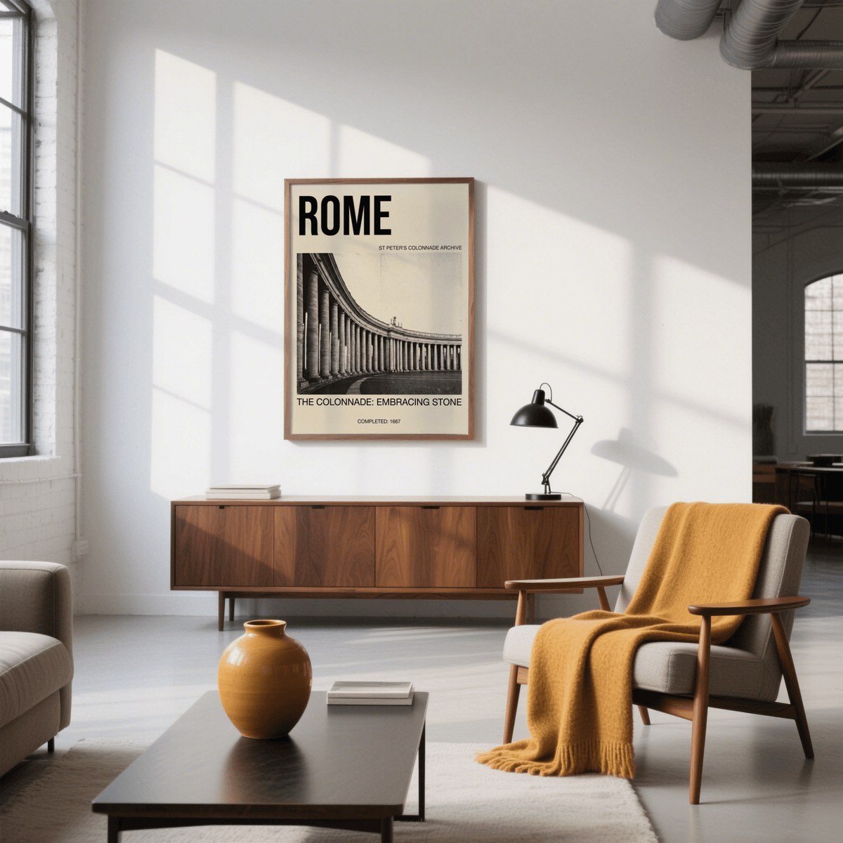 Perspective colonnade poster print with column repetition, negative space, and archival photo look