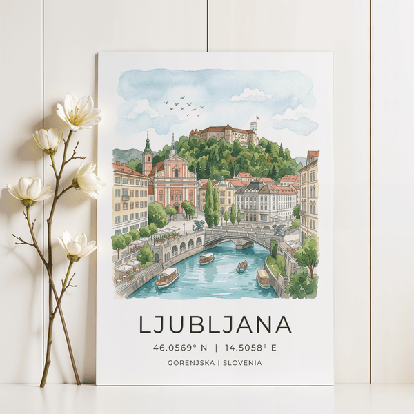 Riverside Ljubljana Art Print with boats, bridge arches, and tree-lined embankment