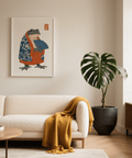 Frog in Kimono Print art with gray tones, ideal for bedroom decor