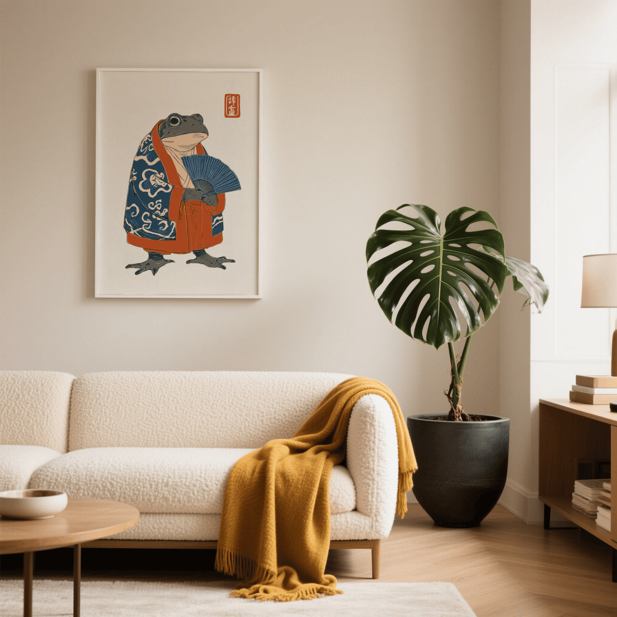 Frog in Kimono Print art with gray tones, ideal for bedroom decor