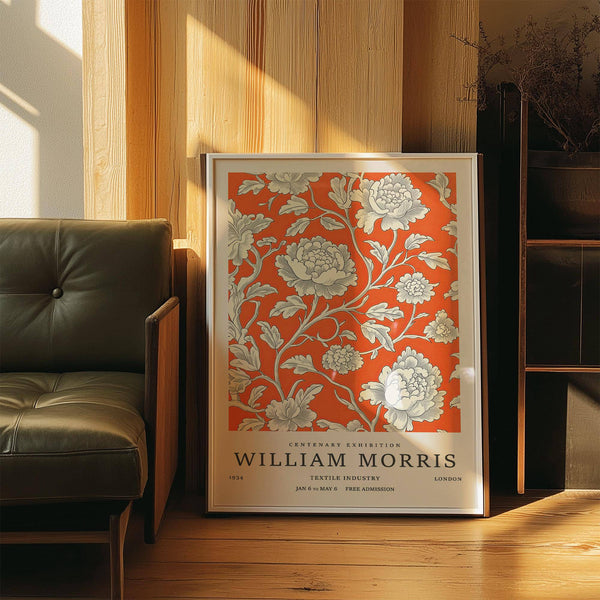 Vintage flower art featuring peony branches on orange background