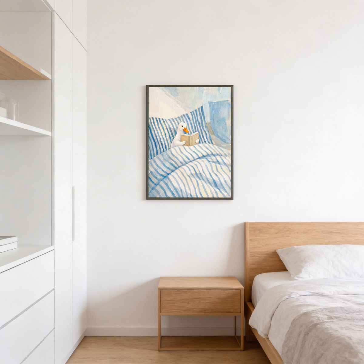 Painterly children’s poster featuring a duck reading with striped pillows and bedding