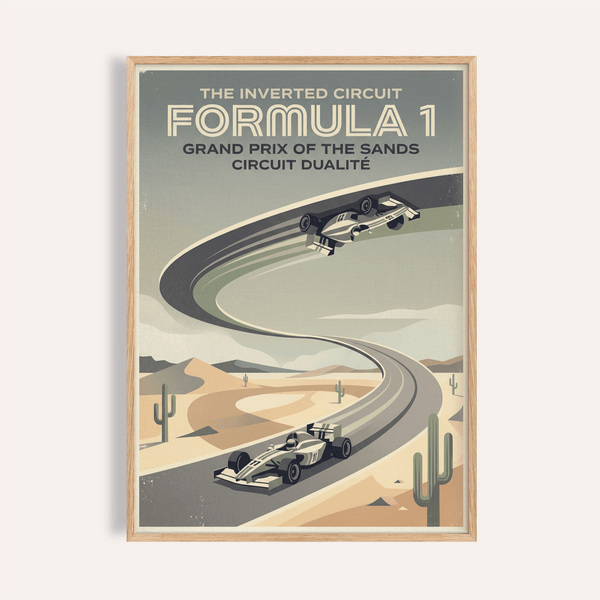 Featuring a winding desert circuit and two race cars, Vintage Motorsports Poster wall art with bold Formula 1 typography