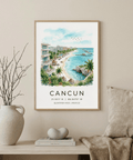Cancun Beach Art Print illustration featuring pier huts over calm sea