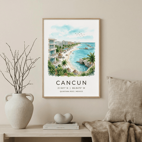 Cancun Beach Art Print illustration featuring pier huts over calm sea