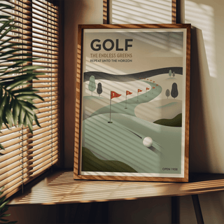 Retro golf wall art poster featuring a foreground golf ball and a line of flag markers
