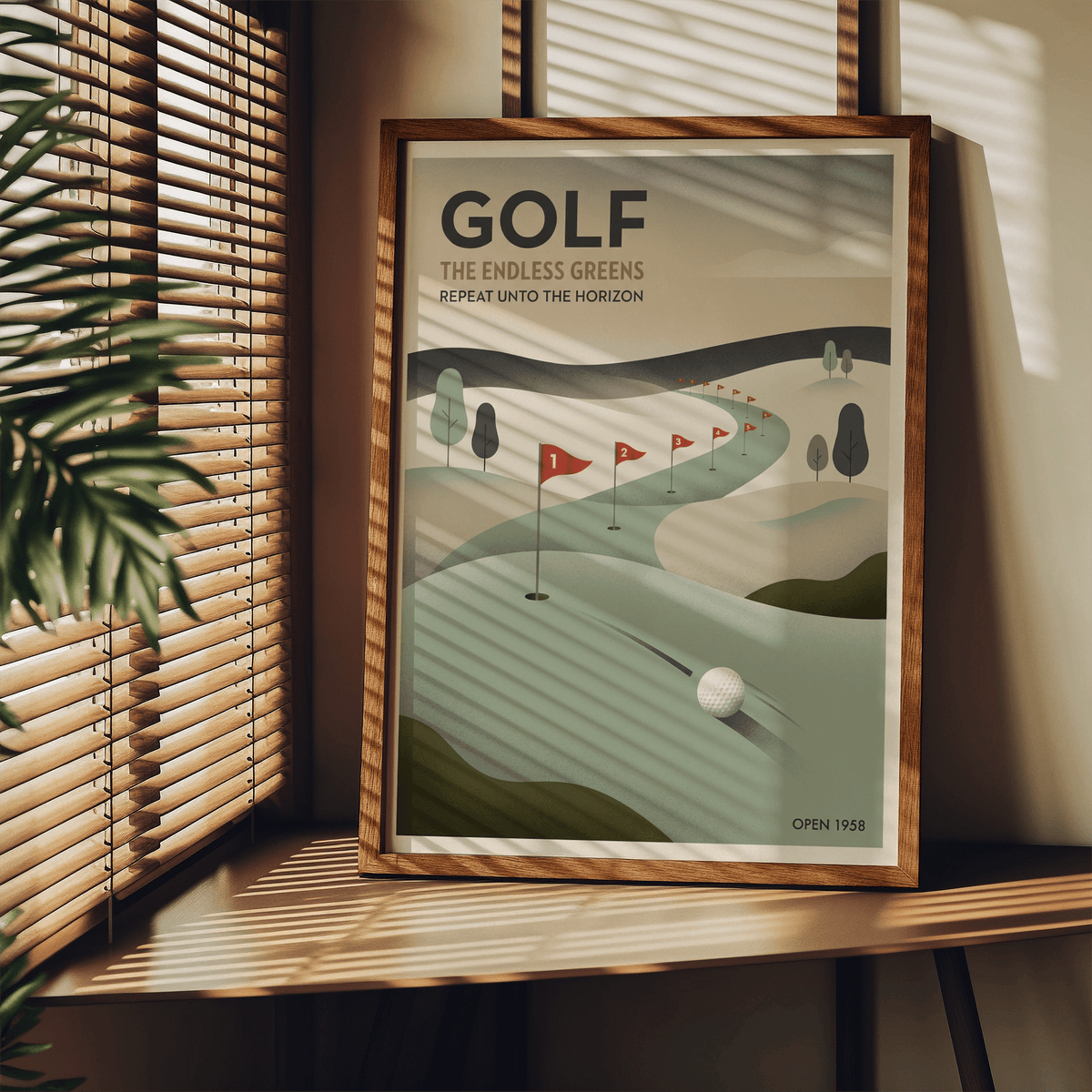 Retro golf wall art poster featuring a foreground golf ball and a line of flag markers