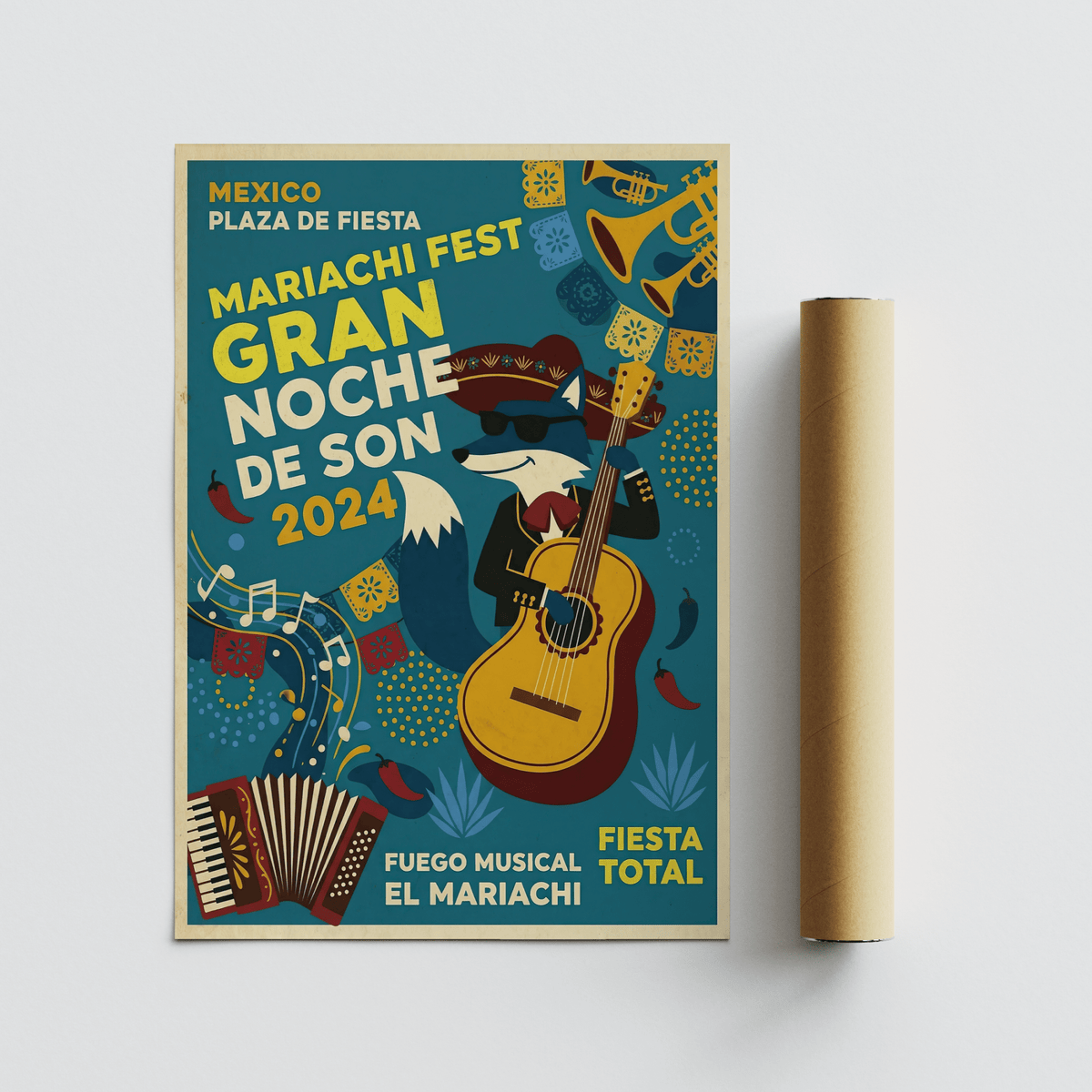Mexican Fiesta Art Print showing mariachi theme, guitar, and musical notes
