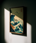 Coastal wave poster depicting rolling surf and cliffs under clear sky