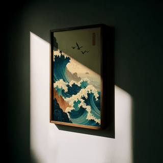 Coastal wave poster depicting rolling surf and cliffs under clear sky