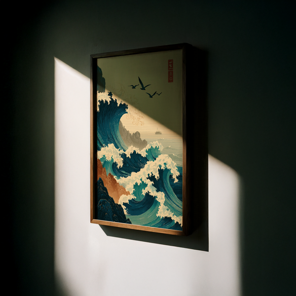 Coastal wave poster depicting rolling surf and cliffs under clear sky