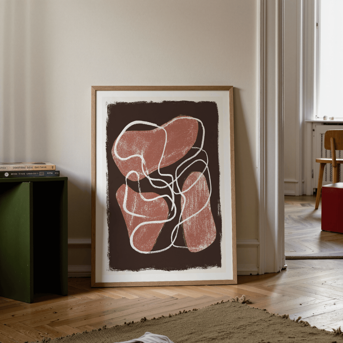 Abstract Earth Tone Print poster featuring three overlapping organic shapes with white linework and textured fill