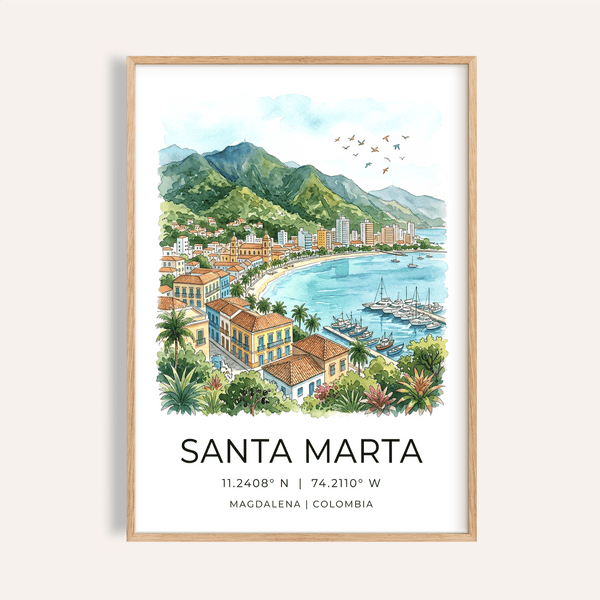 Watercolor Santa Marta Art Print poster with bay, mountains, and marina
