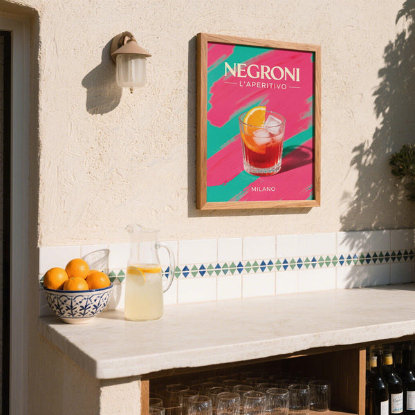 Poster of cocktail showcasing a Negroni with ice and orange garnish.