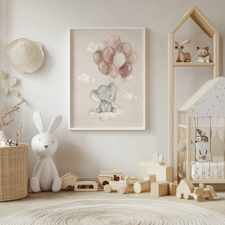 Cute Elephant Wall Art showing a baby elephant on a cloud holding balloons