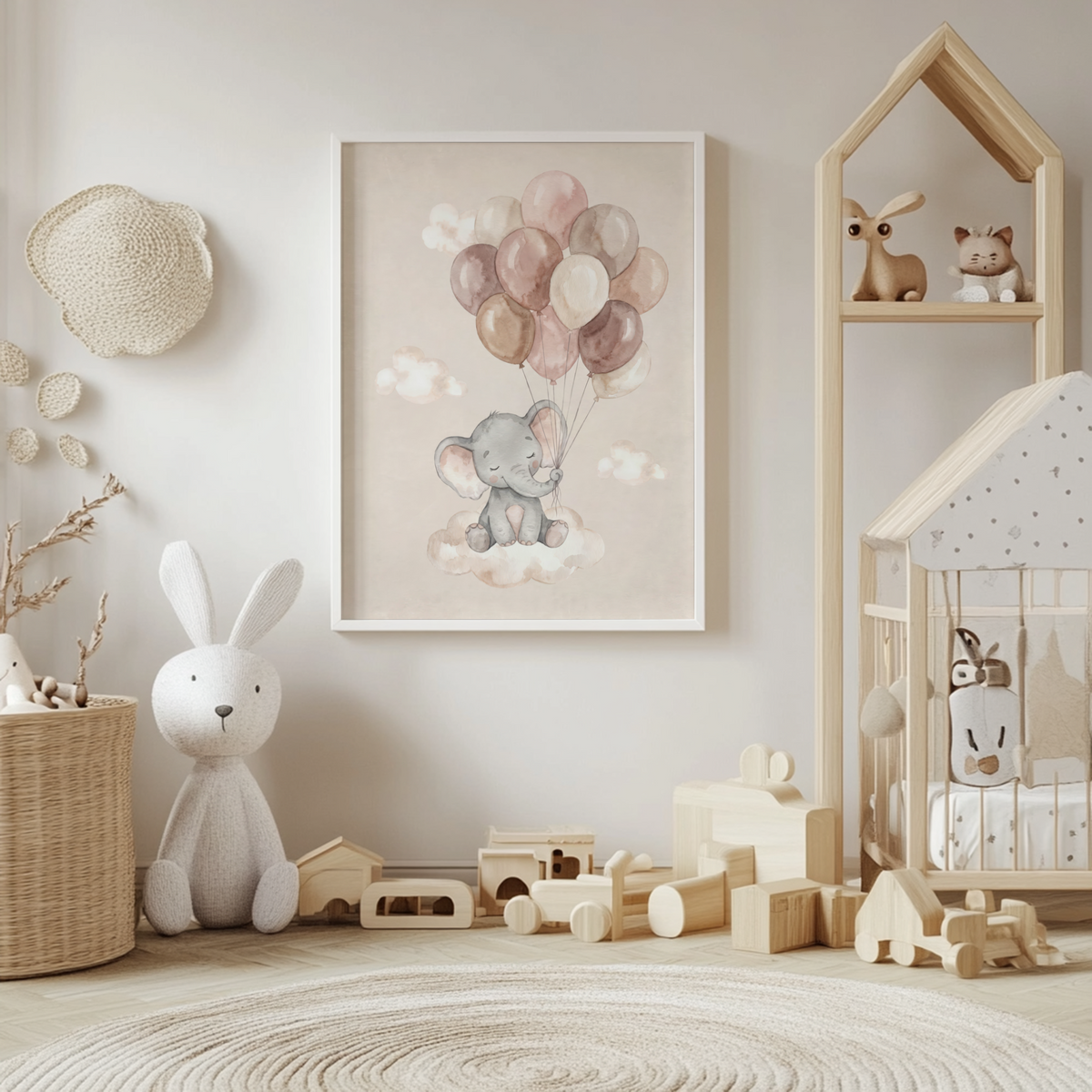 Cute Elephant Wall Art showing a baby elephant on a cloud holding balloons