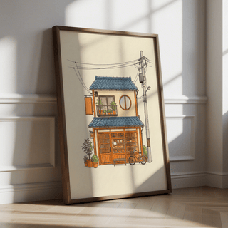 Japanese Style Art Print for home office, featuring Blue and Beige, poster