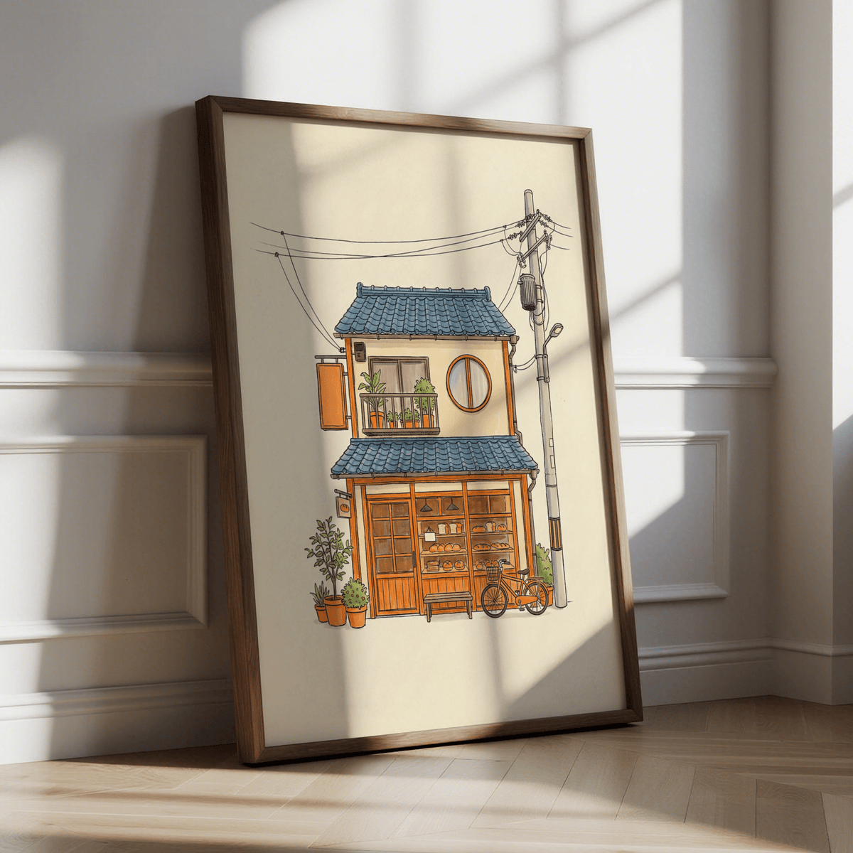 Japanese Style Art Print for home office, featuring Blue and Beige, poster