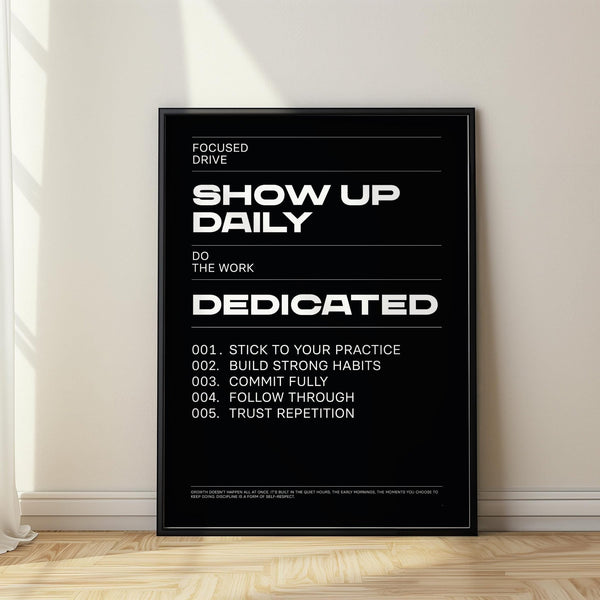 Wall Art Work print in bold black and white featuring motivational daily discipline quotes.