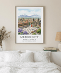 Watercolor-style city skyline print showing Mexico City plaza and cathedral towers poster