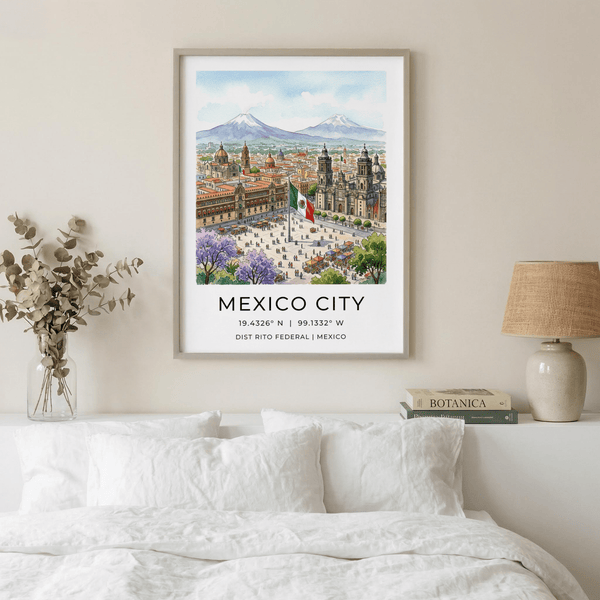 Watercolor-style city skyline print showing Mexico City plaza and cathedral towers poster