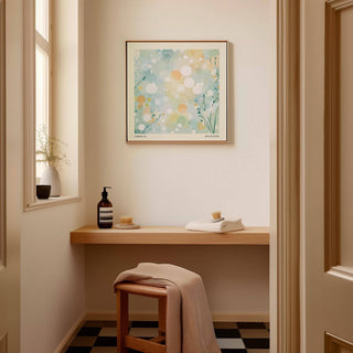 Abstract dot sitting room wall art in soft pink and blue for home office