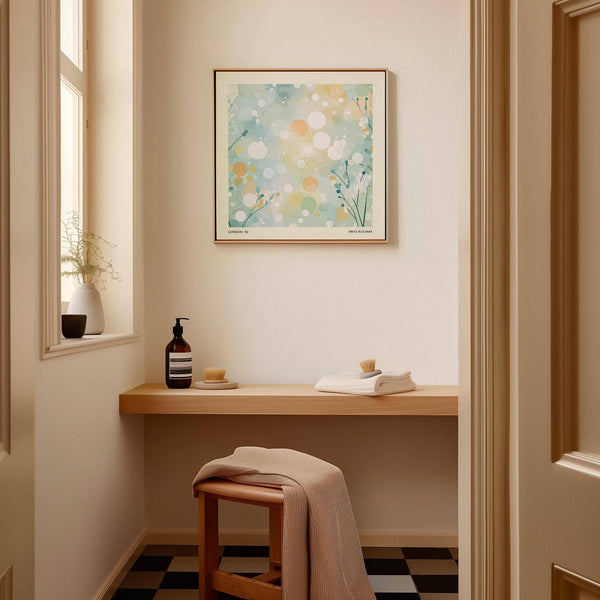 Abstract dot sitting room wall art in soft pink and blue for home office