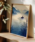 Illustration-style river wall art with misty mountains and open negative space