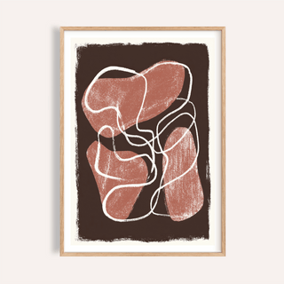 Front view of abstract shapes wall art poster with looping white linework on brown field and red forms