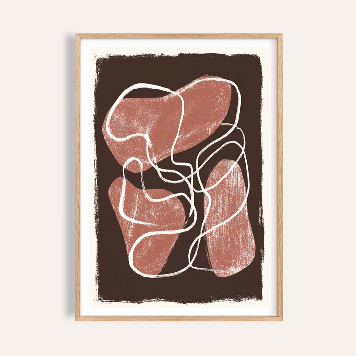 Front view of abstract shapes wall art poster with looping white linework on brown field and red forms