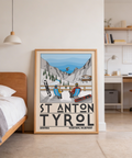 Close-up of chalet lodge and terrace figures in alpine travel poster print