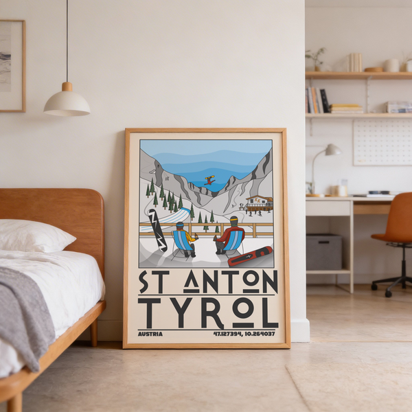 Close-up of chalet lodge and terrace figures in alpine travel poster print