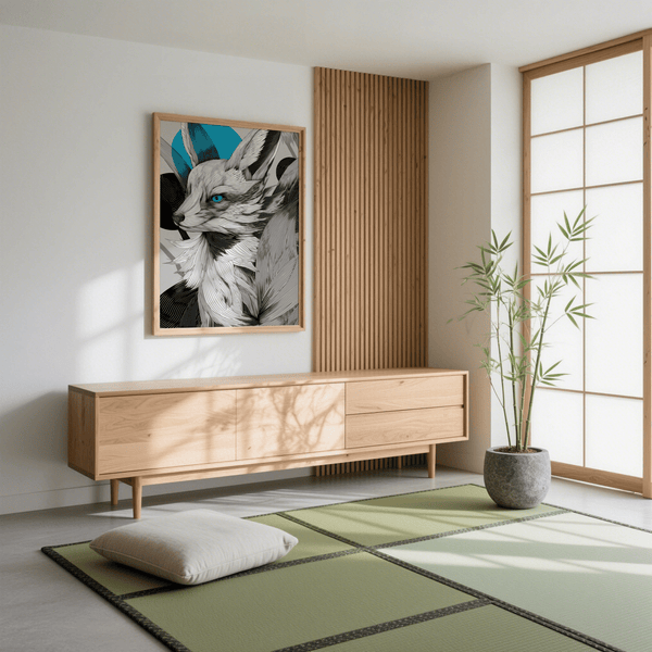 Blue and Gray Japanese Fox Print for entryway wall art display